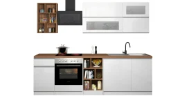 Cucina completa Fonti, 255x60h85 cm, Bianco lucido e Rovere<Dmora Sale