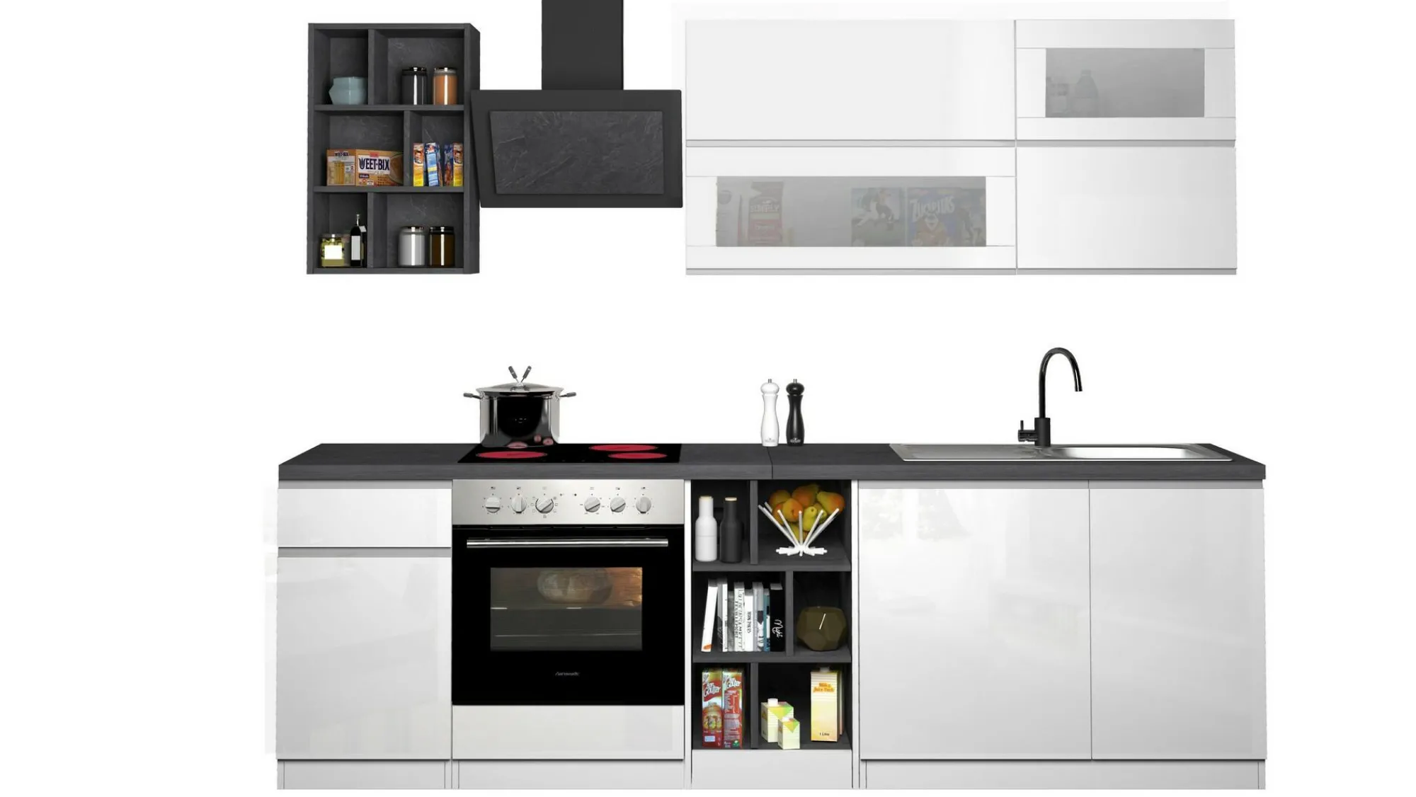 Cucina completa Fonti, 255x60h85 cm, Bianco lucido e Ardesia<Dmora Flash Sale