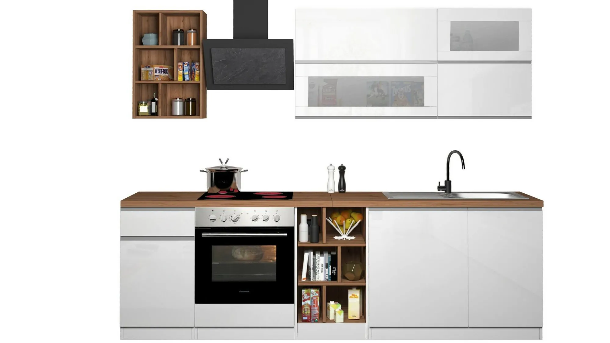 Cucina completa Fonti, 255x60h85 cm, Bianco lucido e Rovere<Dmora Sale
