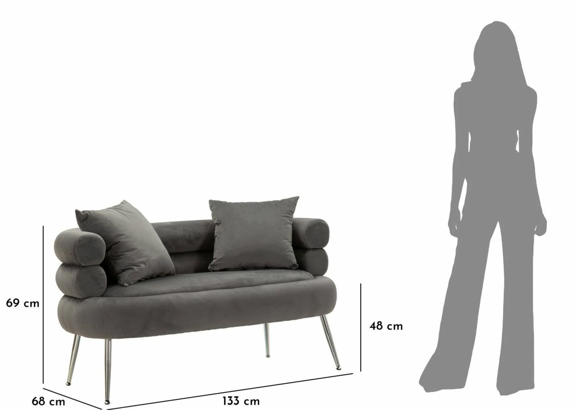 Divano fisso 2 posti Casier, 133x68 h69 cm, Grigio e Argento<Dmora Shop