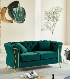 Divano fisso 2 posti Casio, 162x83 h76 cm, Verde e Oro<Dmora New