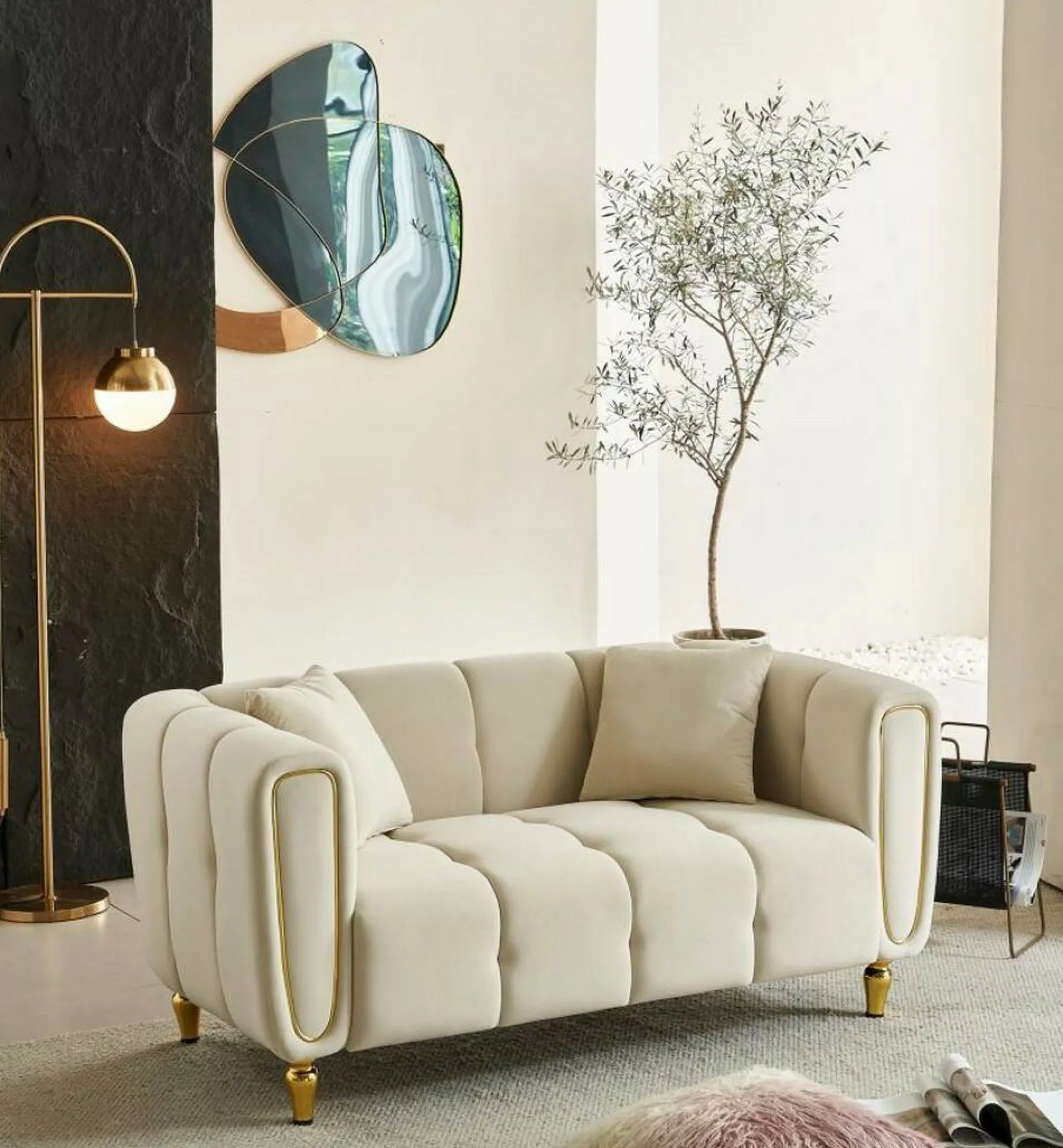 Divano fisso 2 posti Gandolfo, 81x155 h71 cm, Crema e Oro<Dmora Flash Sale