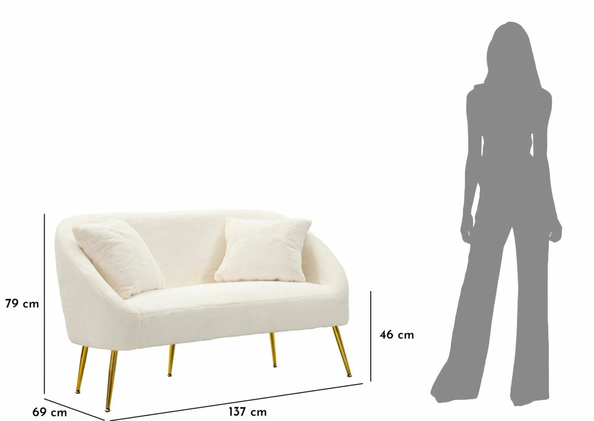 Divano fisso 2 posti Pittari, 137x69 h79 cm, Bianco e Oro<Dmora Store