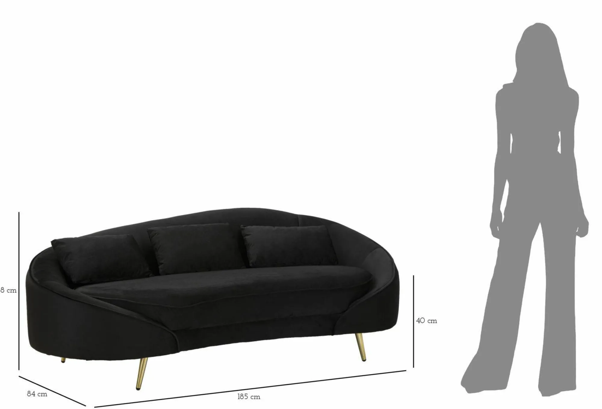 Divano fisso 3 posti Verte, 185x84 h68 cm, Nero e Oro<Dmora Flash Sale