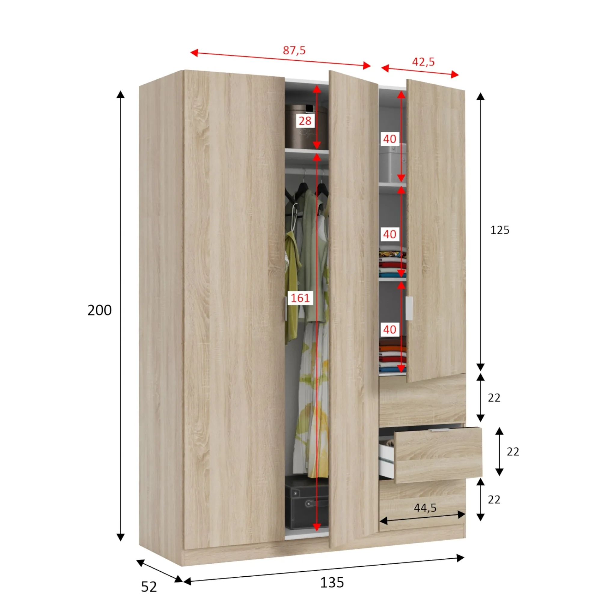 Guardaroba 3 ante Ade, 135x52h200 cm,<Dmora Hot