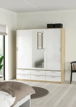 Guardaroba 3 ante Anabelle, Mobile camera da letto, Cabina armadio portabiti, Armadio appendiabiti, 181x60 h200 cm, Quercia e Bianco<Dmora Hot