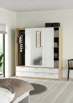 Guardaroba 3 ante Anabelle, Mobile camera da letto, Cabina armadio portabiti, Armadio appendiabiti, 181x60 h200 cm, Quercia e Bianco<Dmora Hot
