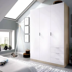 Guardaroba 3 ante Apaches, 121x52h180 cm, Bianco e Rovere<Dmora Discount