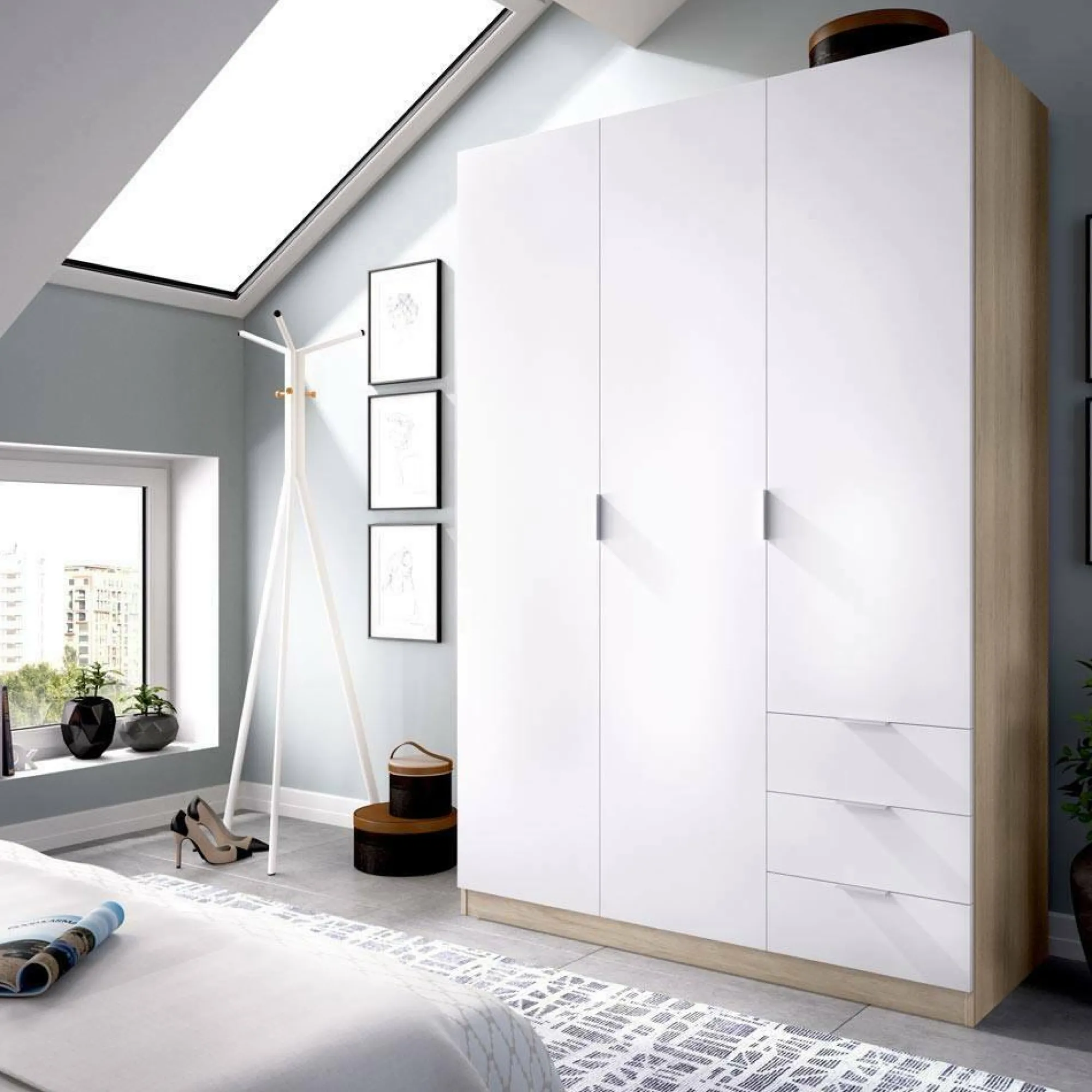 Guardaroba 3 ante Apaches, 121x52h180 cm, Bianco e Rovere<Dmora Discount