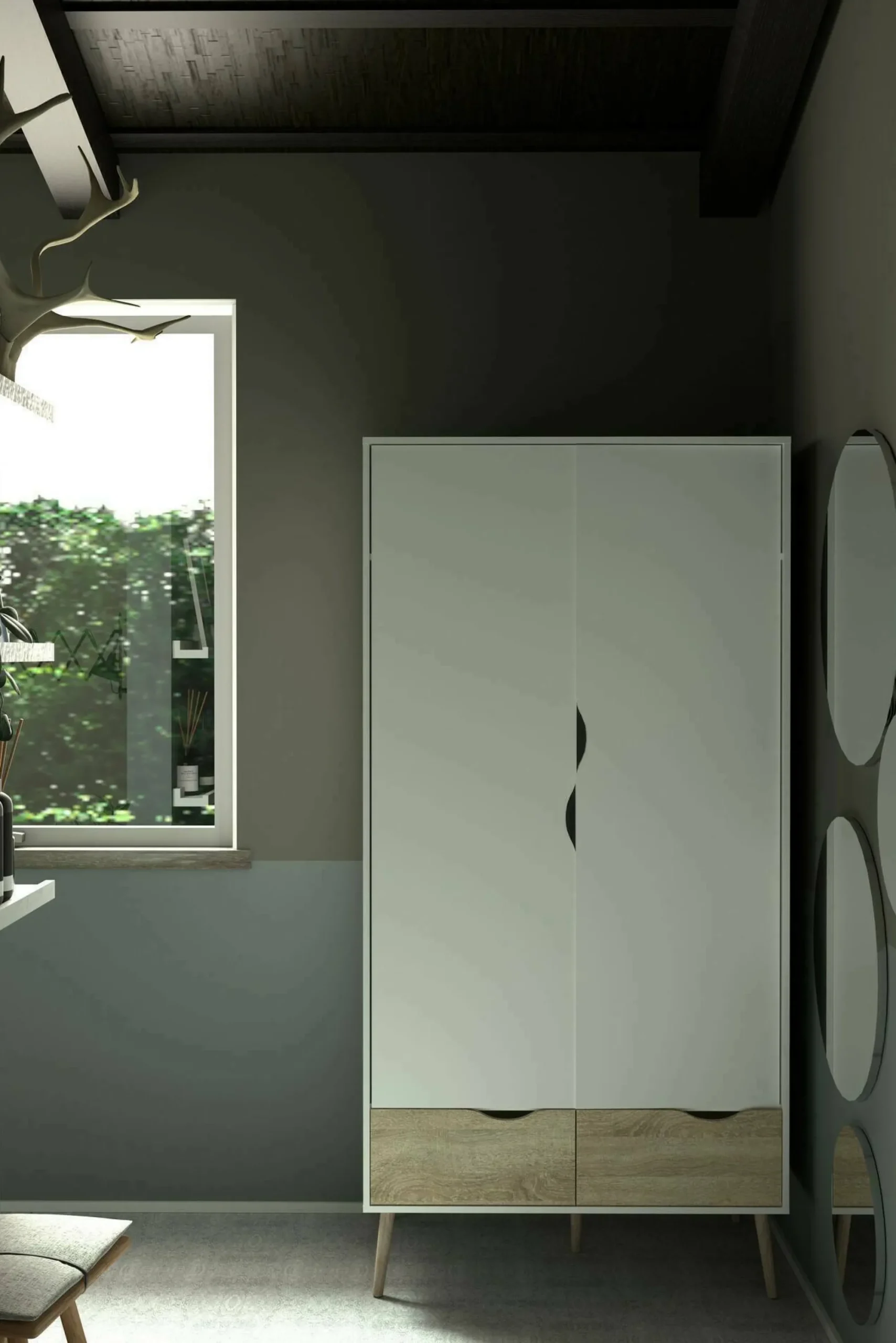 Guardaroba 2 ante Archilllo, 99x58 h200 cm, Bianco e Quercia<Dmora Shop