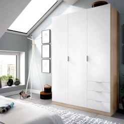 Guardaroba 3 ante Astru, 121x52h184 cm, Bianco e Rovere<Dmora Online