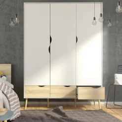 Guardaroba 3 ante Devota, 147x58 h200 cm, Bianco e Quercia<Dmora Store
