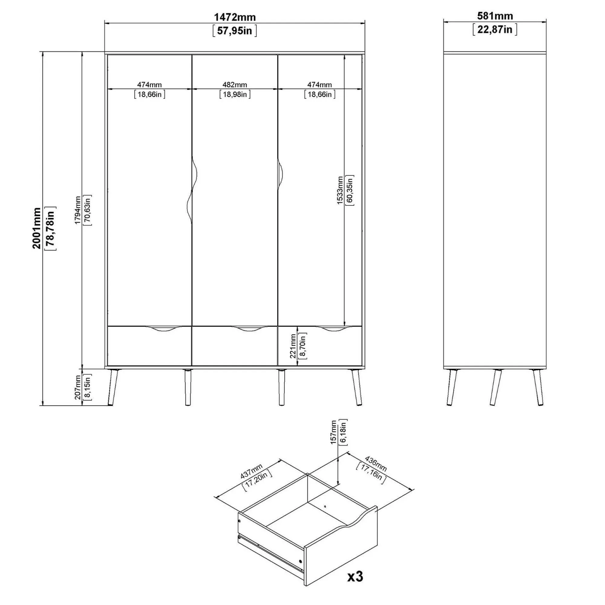 Guardaroba 3 ante Devota, 147x58 h200 cm, Bianco e Quercia<Dmora Store