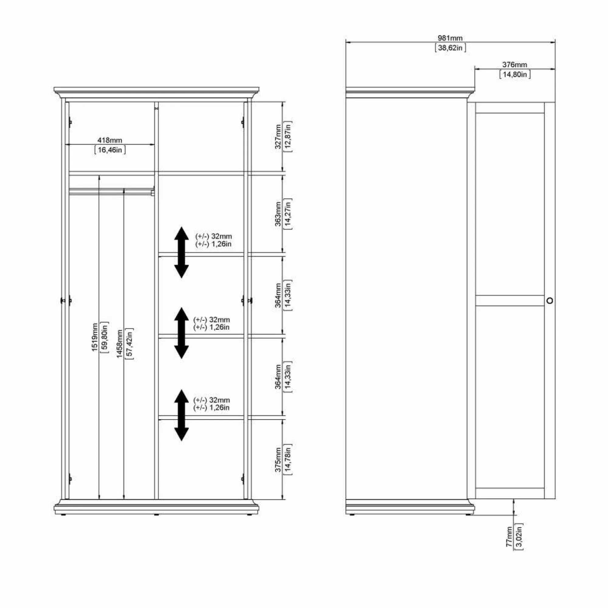 Guardaroba 2 ante Dschen, 96x61 h201 cm,<Dmora Outlet