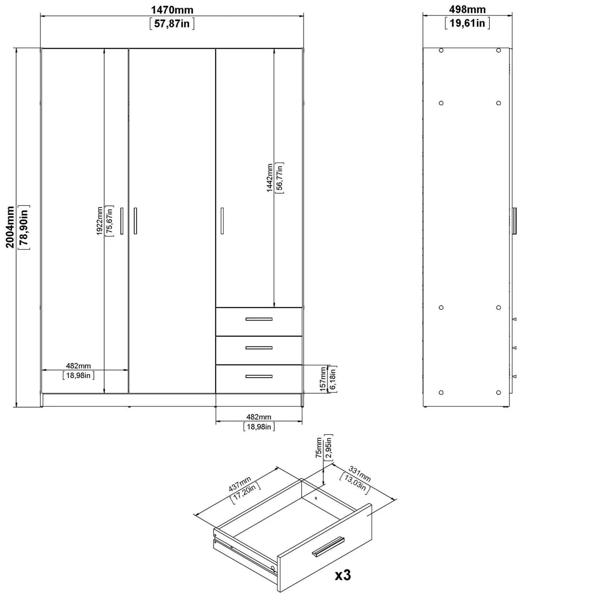 Guardaroba 3 ante Dsenk, 50x147 h200 cm,<Dmora Shop