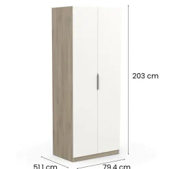 Guardaroba 2 ante Fioretta, 79x51 h203 cm, Rovere e Bianco opaco<Dmora Clearance