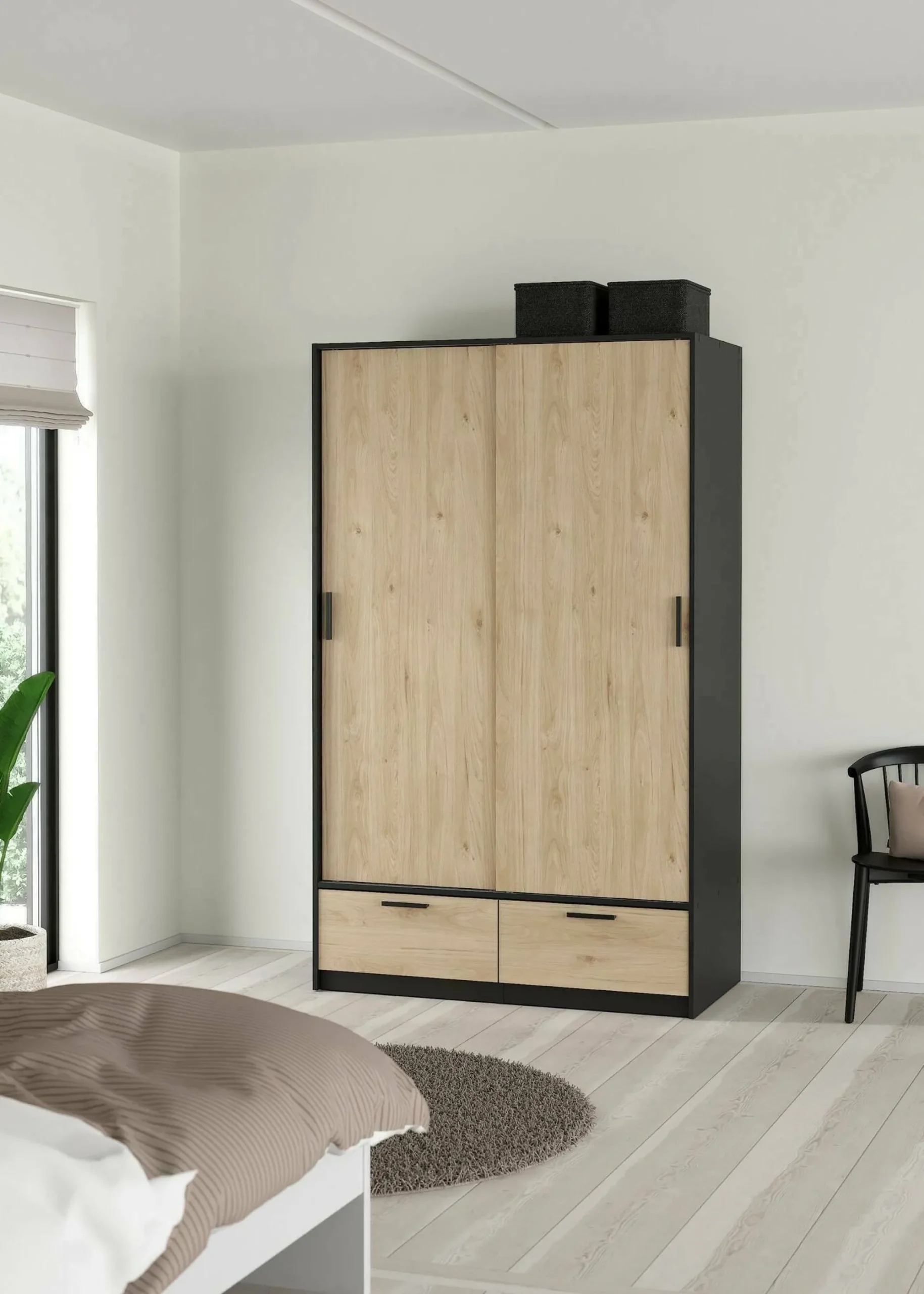 Guardaroba 2 ante Kammuri, 60x121 h200 cm, Nero e Rovere<Dmora Flash Sale