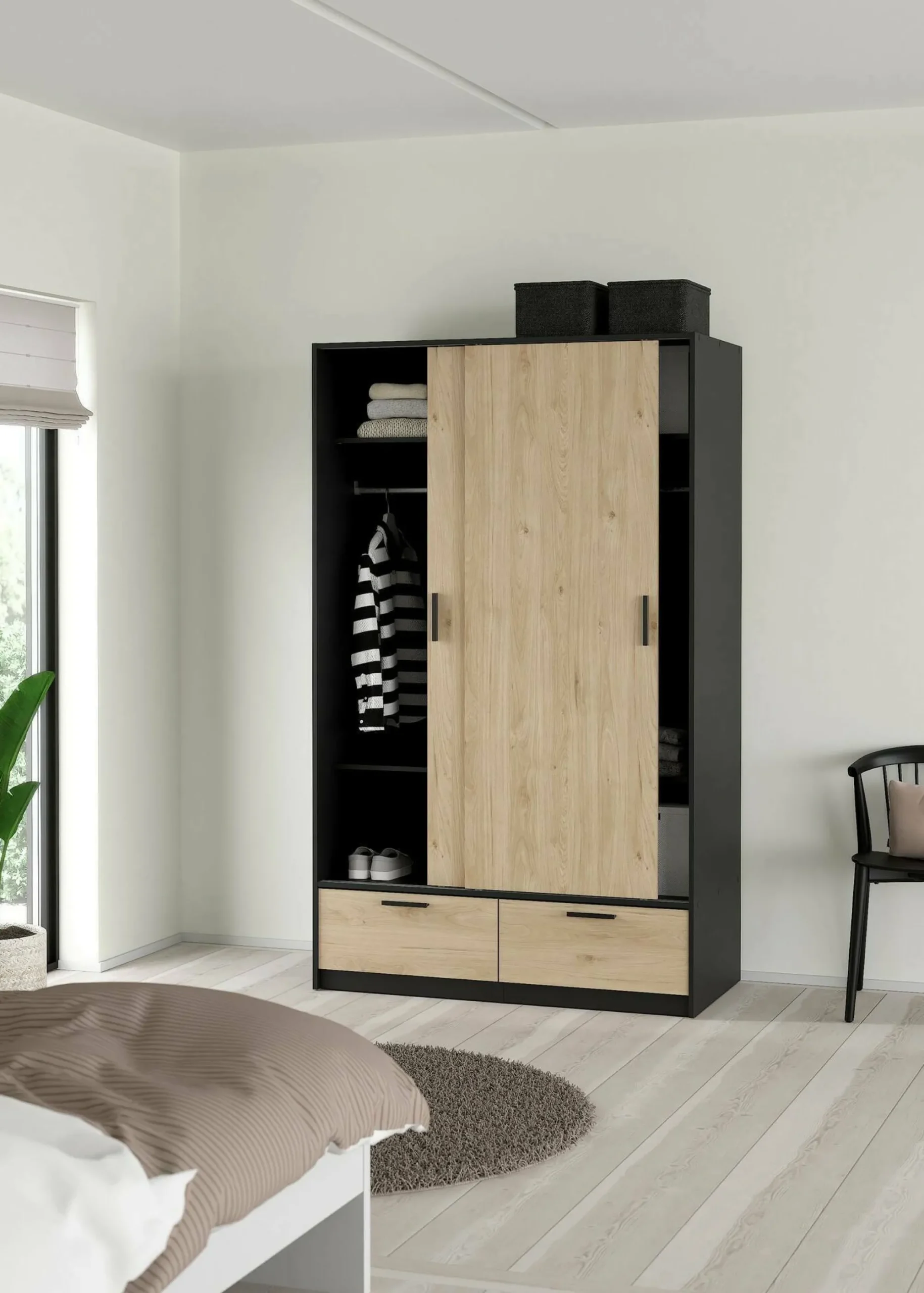Guardaroba 2 ante Kammuri, 60x121 h200 cm, Nero e Rovere<Dmora Flash Sale