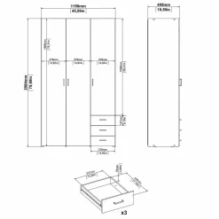 Guardaroba 3 ante Suzette, Mobile camera da letto, Cabina armadio portabiti, Armadio appendiabiti, 116x50 h200 cm, Bianco<Dmora Flash Sale