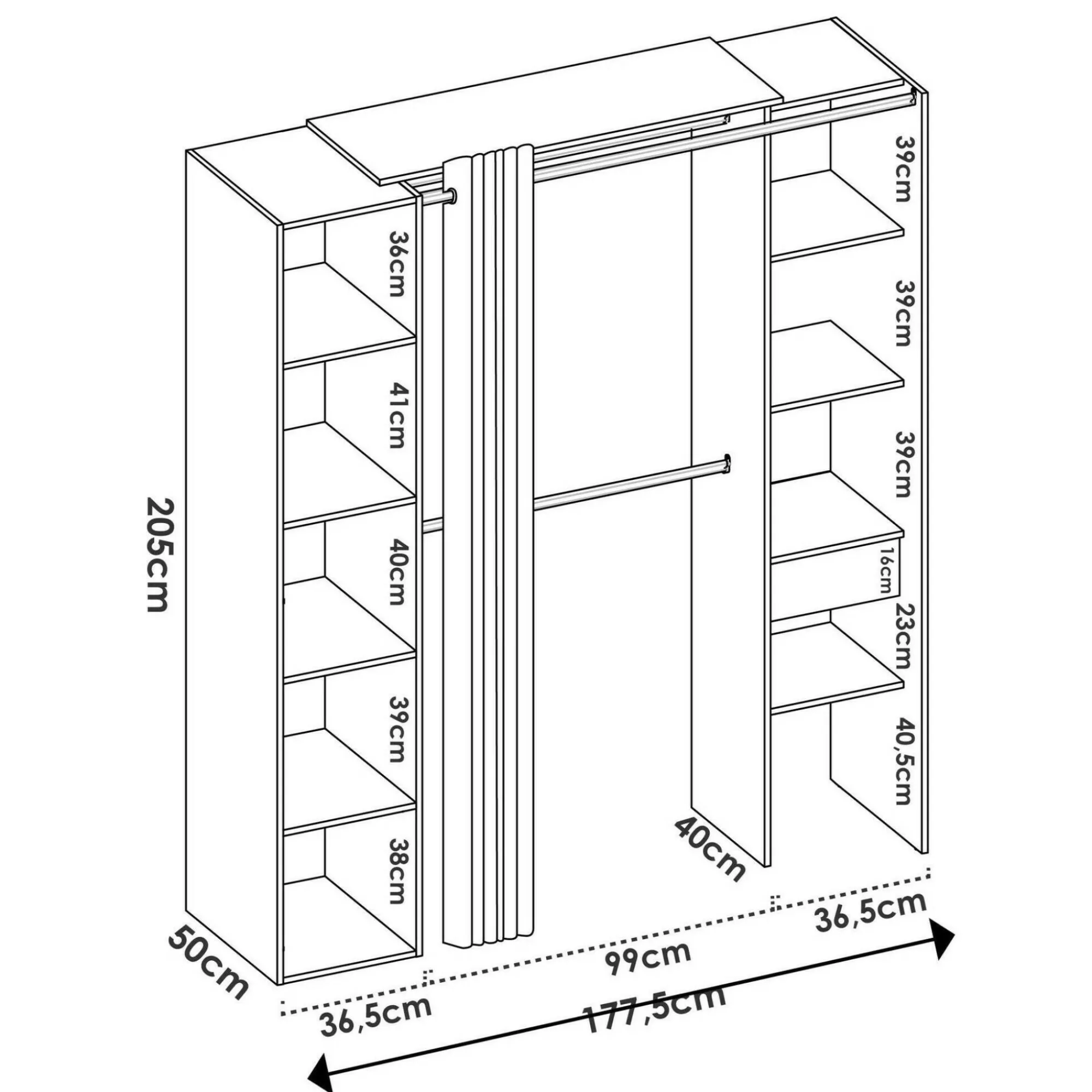Guardaroba Aru, 177x52h205 cm, Bianco e Antracite<Dmora Cheap