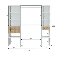 Guardaroba Ary, 196x40h187 cm, Bianco e Rovere<Dmora Discount