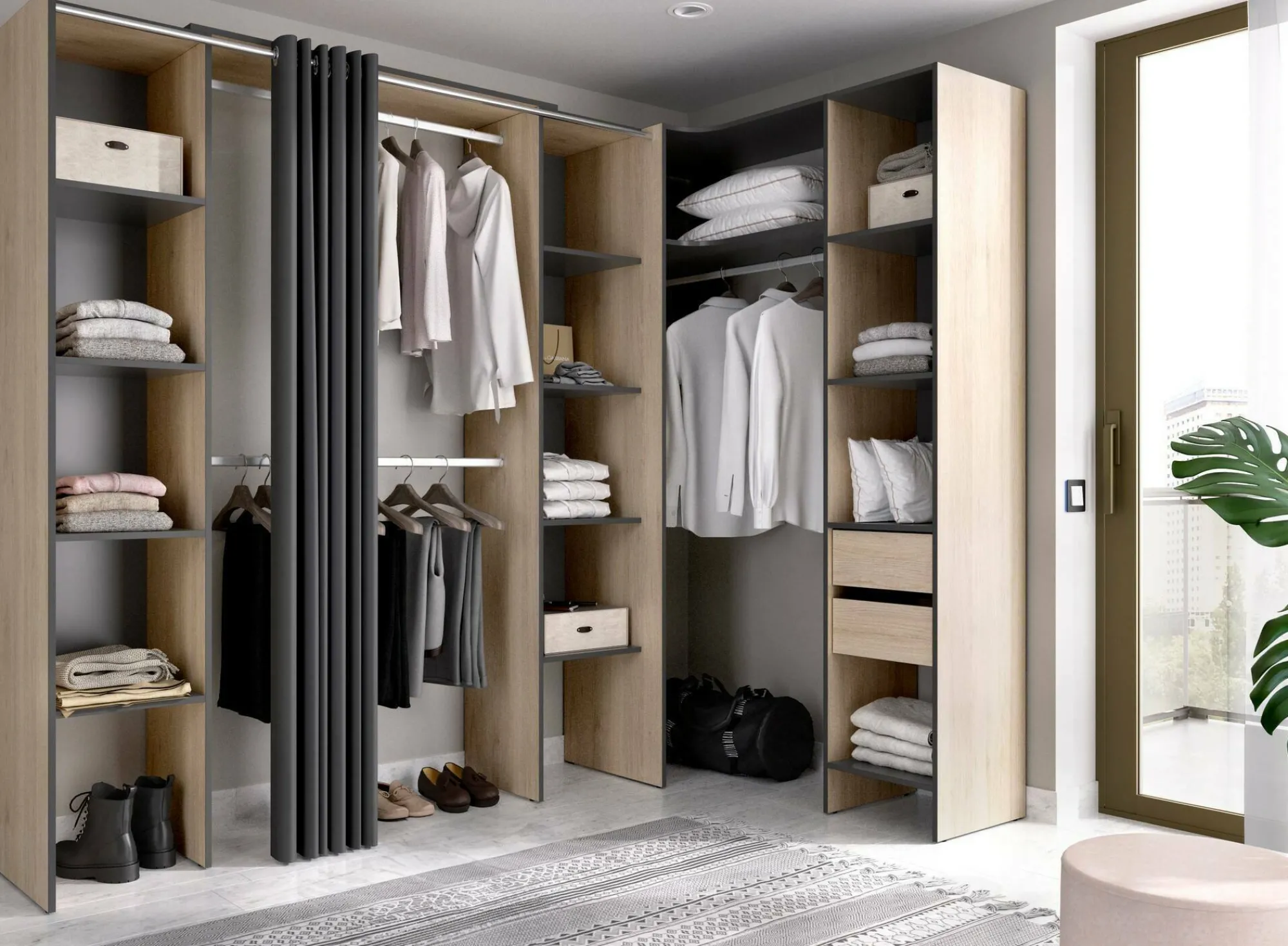 Guardaroba grande Dindo, 234x141 h205 cm, Antracite e Rovere<Dmora Outlet