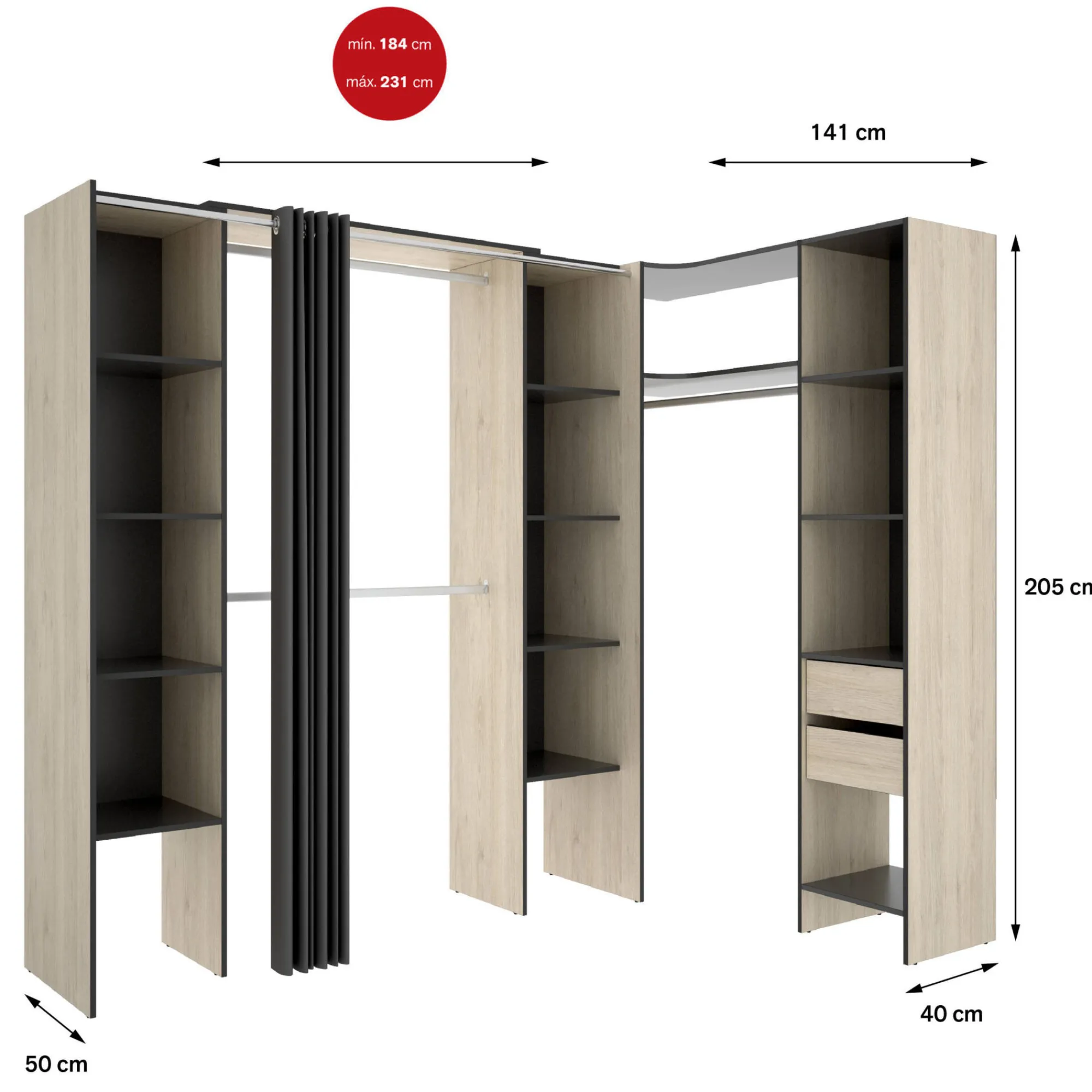 Guardaroba grande Dindo, 234x141 h205 cm, Antracite e Rovere<Dmora Outlet