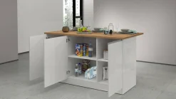 Isola da cucina Tartaro, 155x90h90 cm, Bianco lucido e Rovere<Dmora Shop