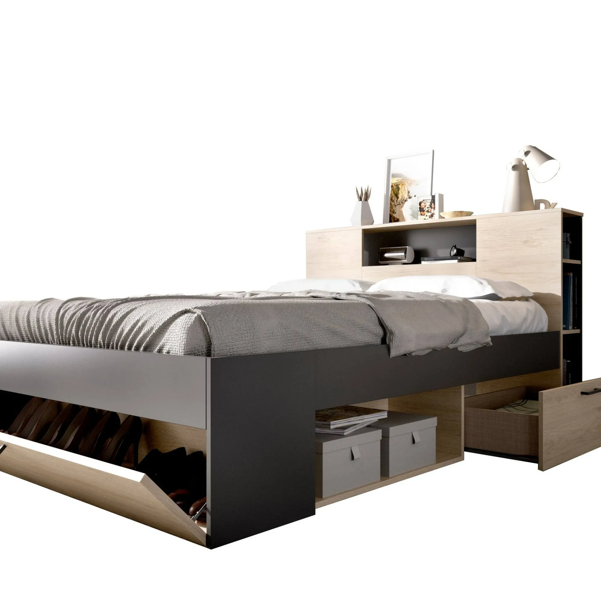 Letto alla francese Conching, 150x219 h95 cm, Antracite e Rovere<Dmora Outlet