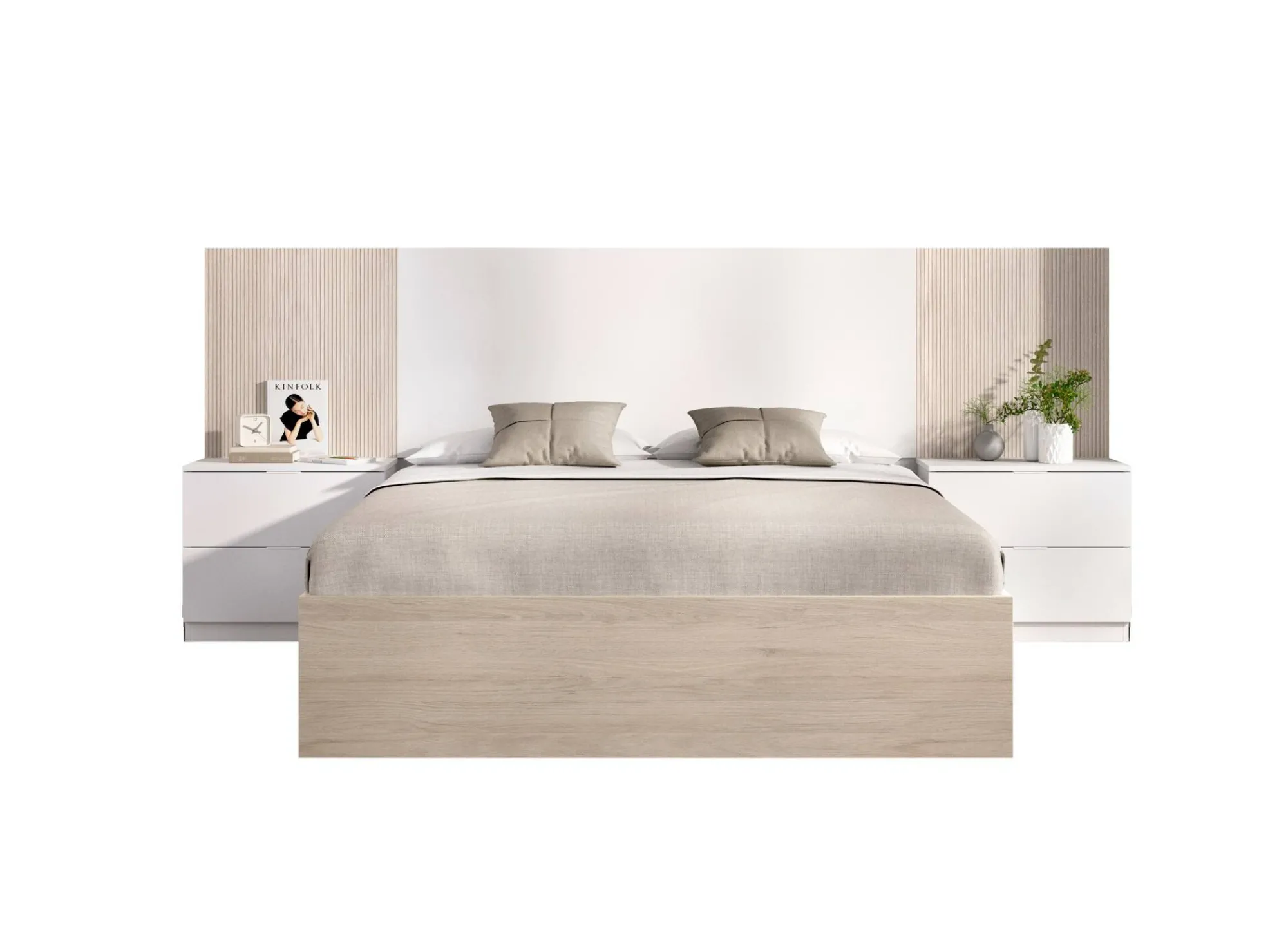 Letto matrimoniale Aral, 267x205 h106 cm, Bianco e Rovere<Dmora Fashion