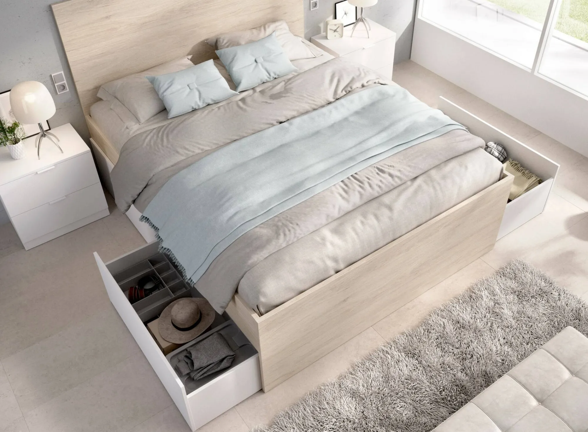 Letto matrimoniale Usman, 269x205 h100 cm, Bianco e Rovere<Dmora Flash Sale