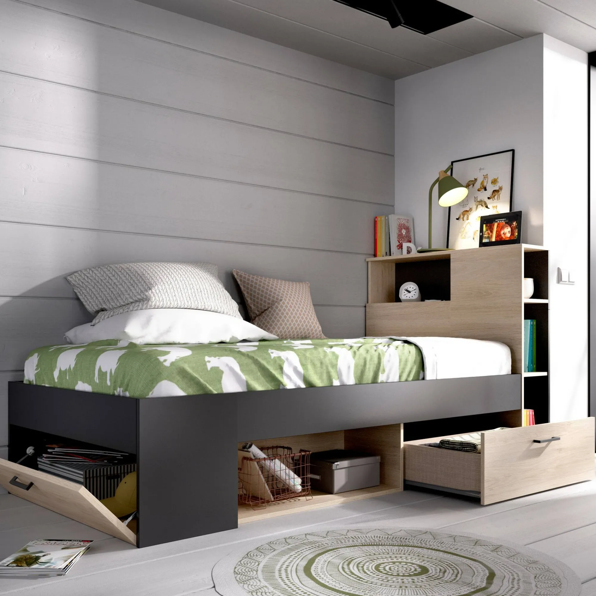 Letto per bambini Adrielle, 218x99h96 cm, Rovere e Antracite<Dmora Online