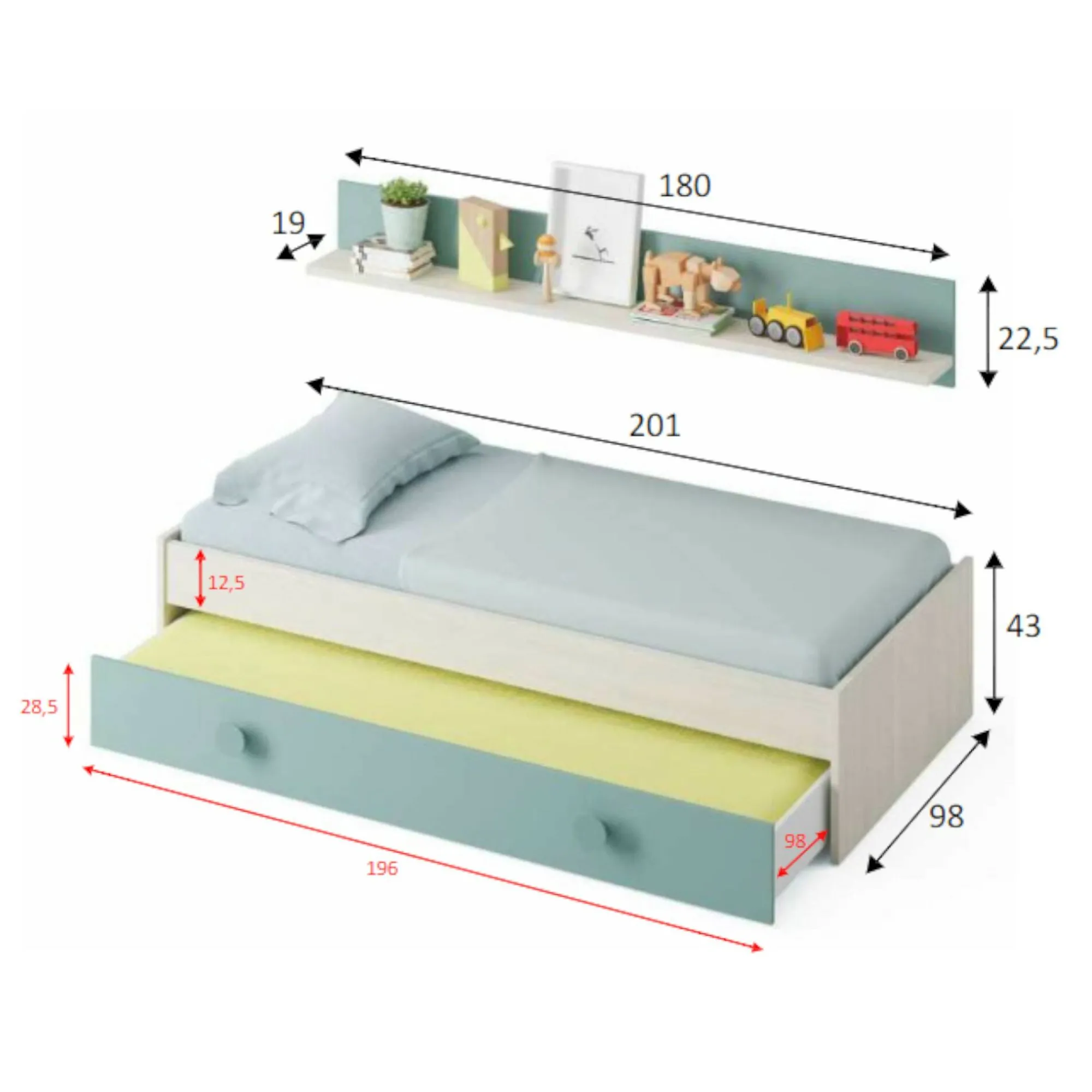Letto per bambini Aqua, 201x98h43 cm, Bianco e Verde acqua<Dmora Shop