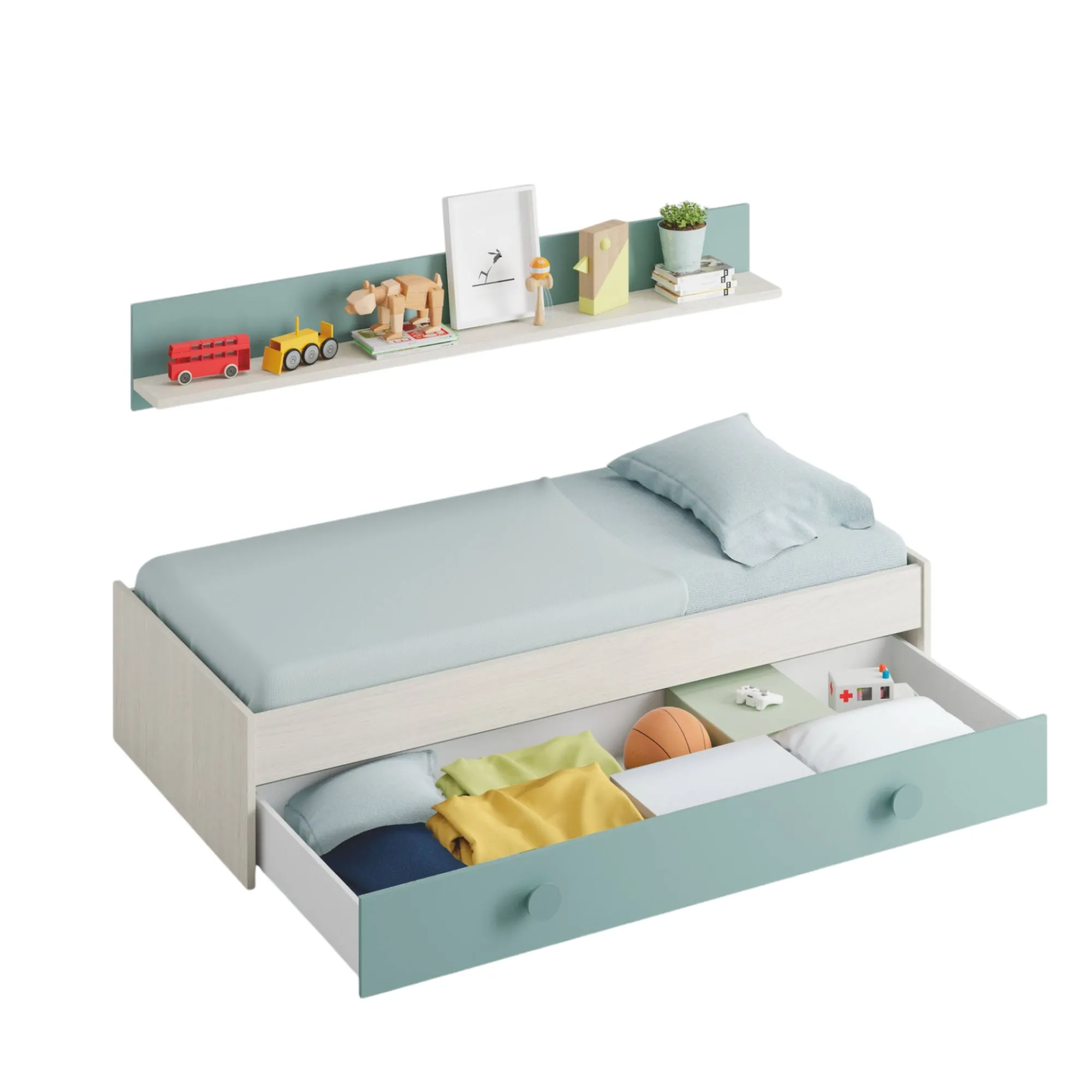 Letto per bambini Aqua, 201x98h43 cm, Bianco e Verde acqua<Dmora Shop