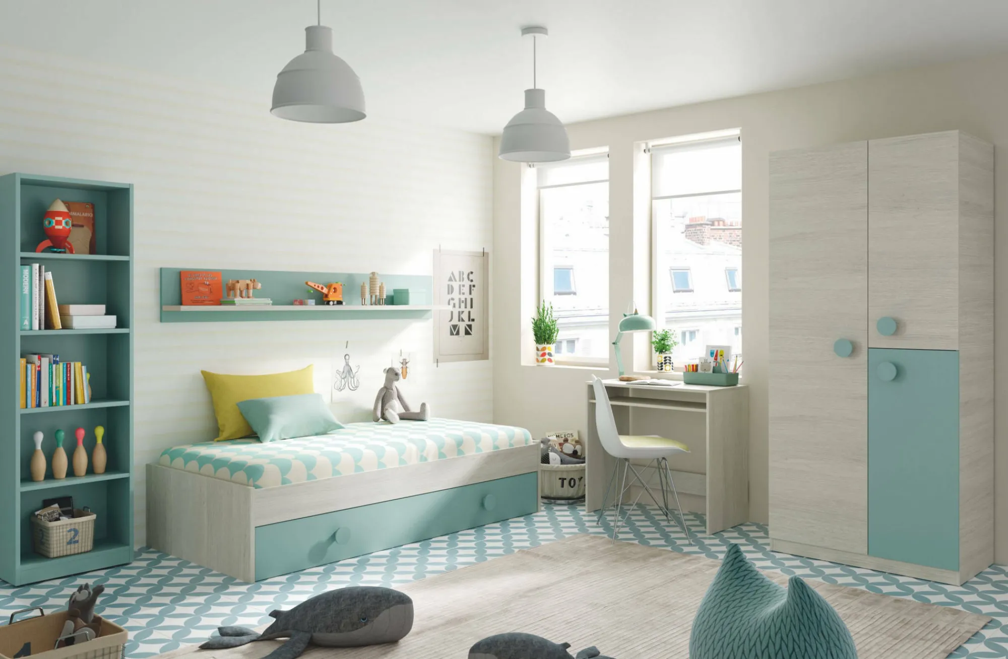 Letto per bambini Aqua, 201x98h43 cm, Bianco e Verde acqua<Dmora Shop