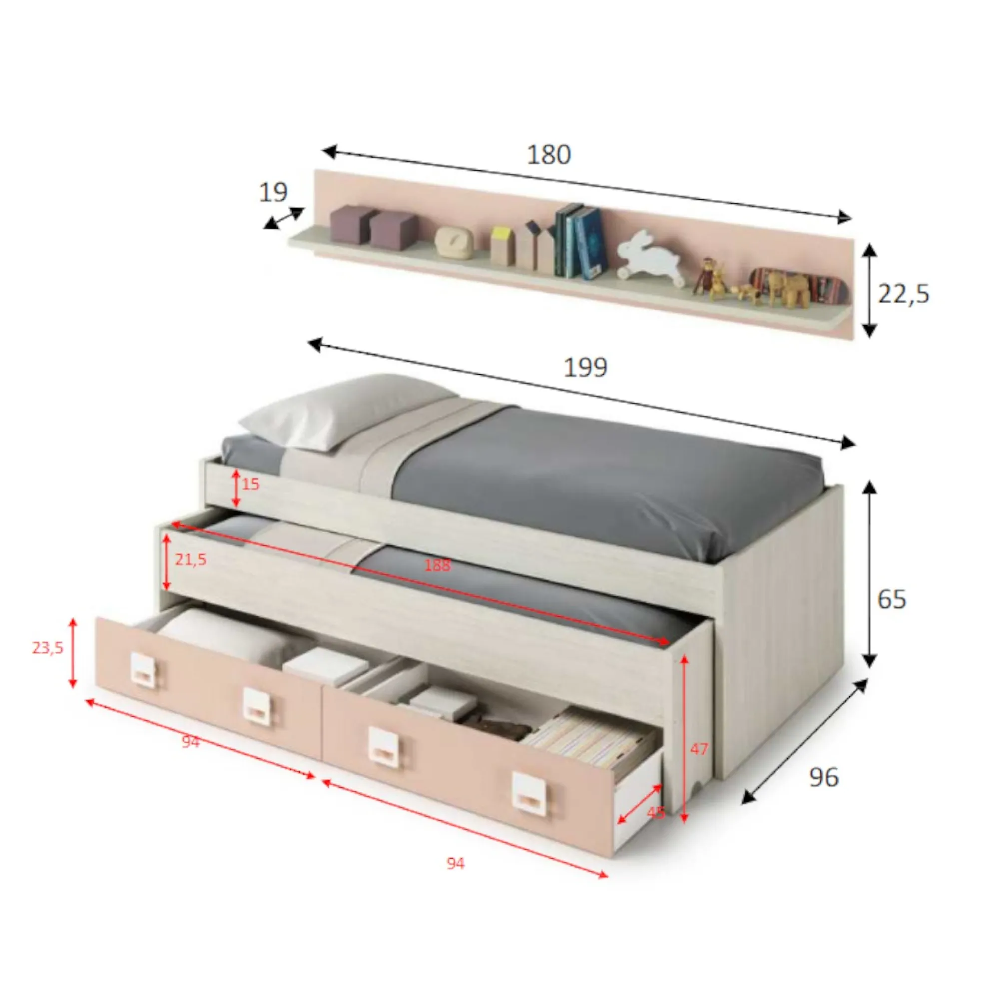 Letto per bambini Asi, 199x96h65 cm, Bianco e Rosa<Dmora Store