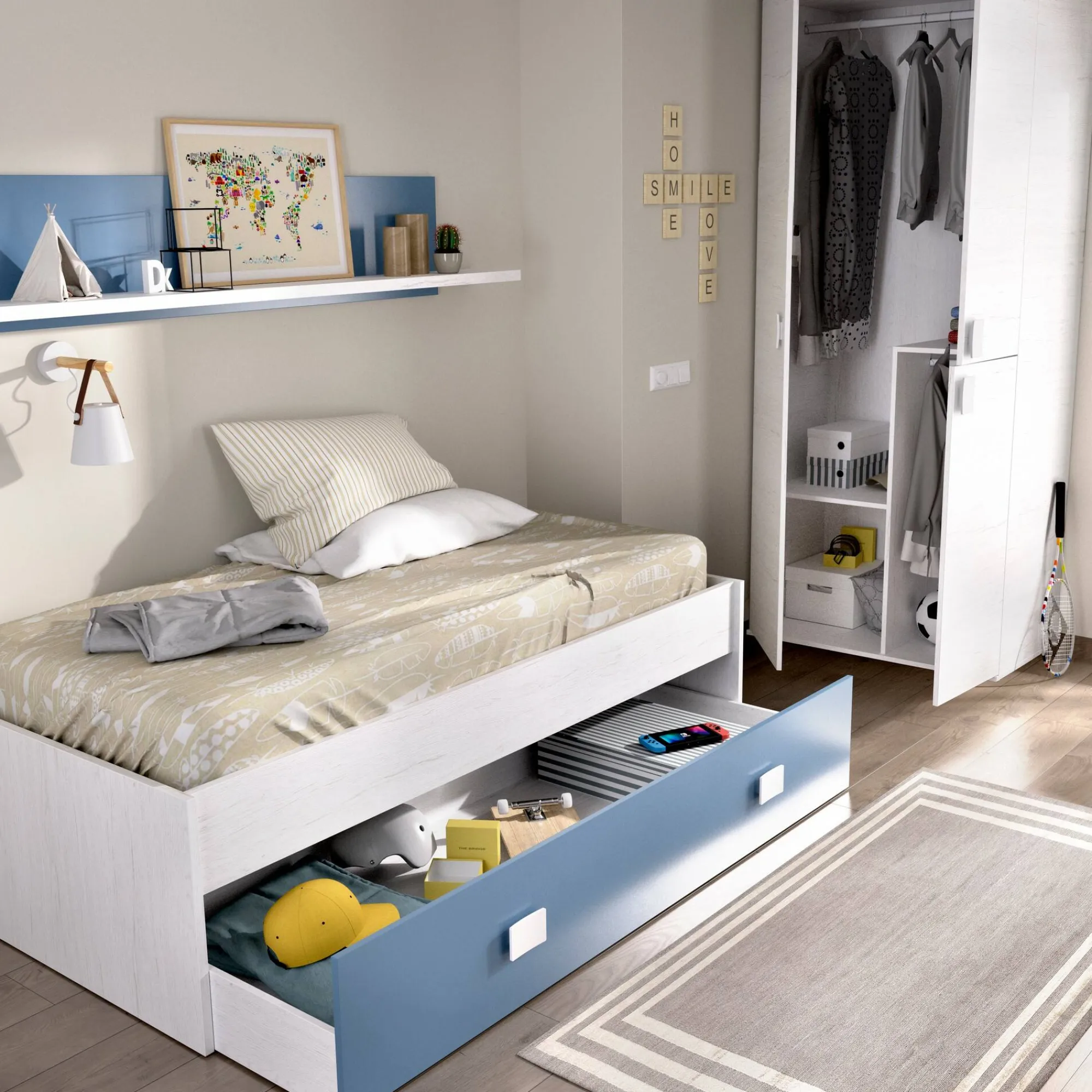Letto per bambini Dkasam, 195x97h44 cm, Bianco e Blu<Dmora Best