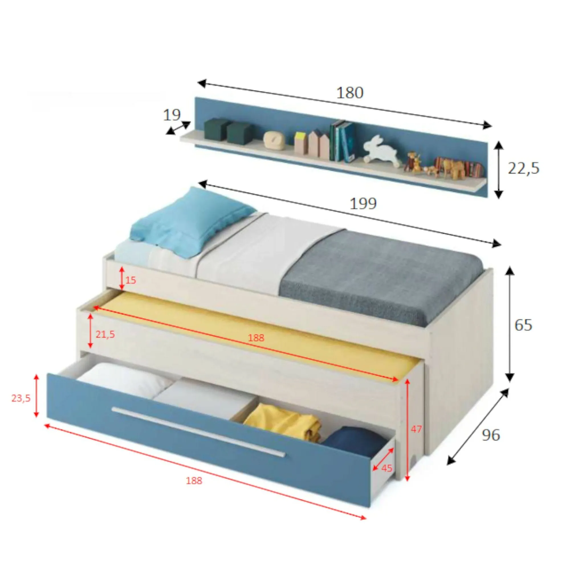 Letto per bambini Dmialic, 199x96h65 cm, Bianco e Blu<Dmora Fashion