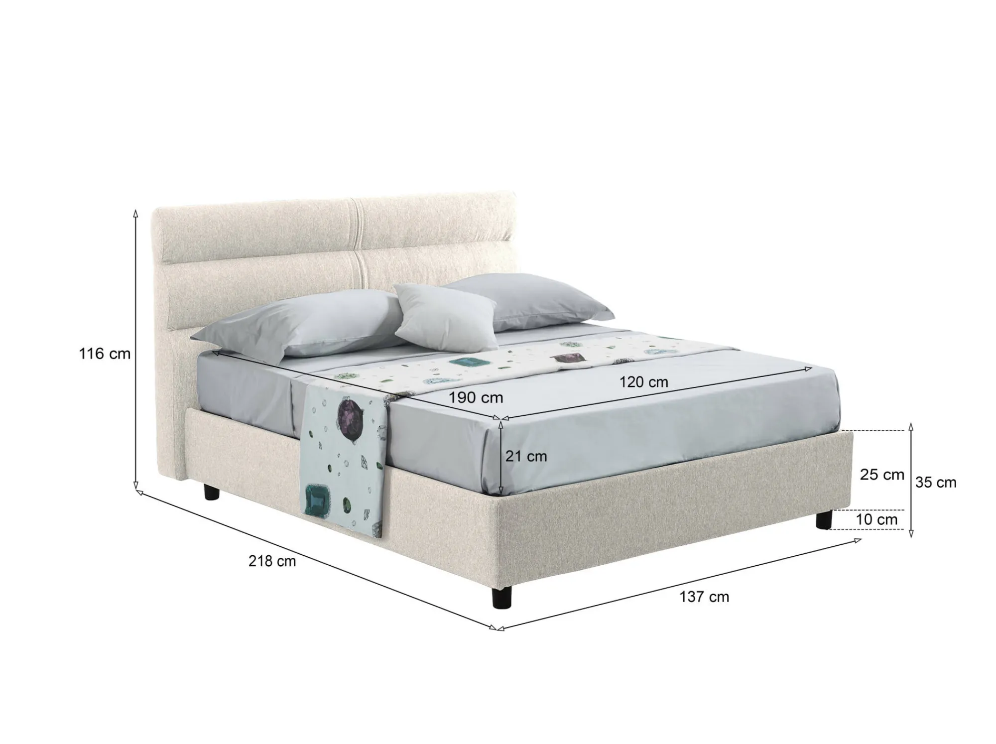 Letto piazza e mezza Briosco, Con materasso Cm 120x190 incluso,<Dmora Hot