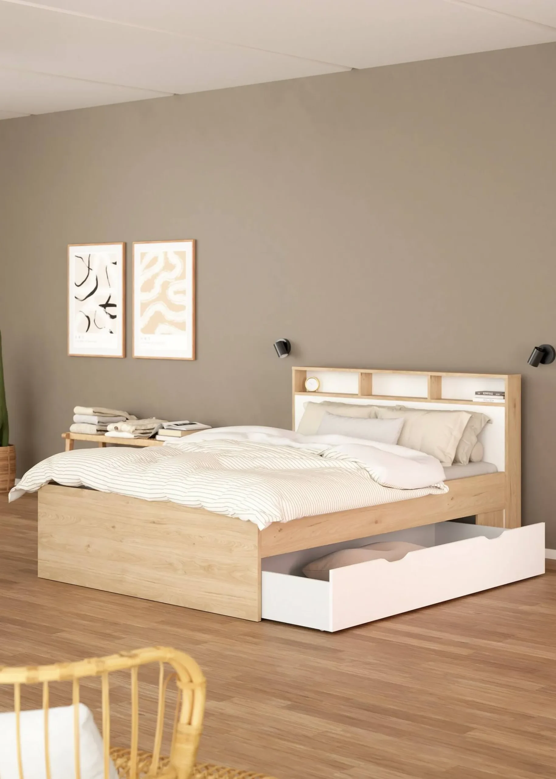 Letto piazza e mezza Drovell, 206x150 h97 cm, Rovere e Bianco<Dmora Outlet