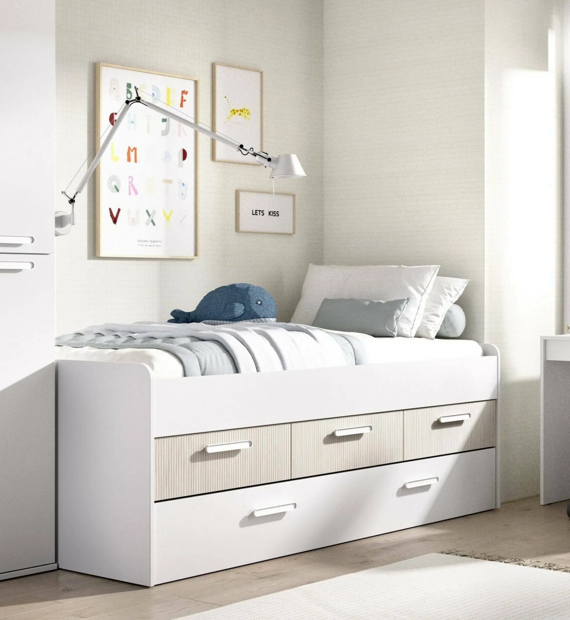 Letto singolo Aftro, 194x95 h68 cm, Bianco e Rovere<Dmora Best