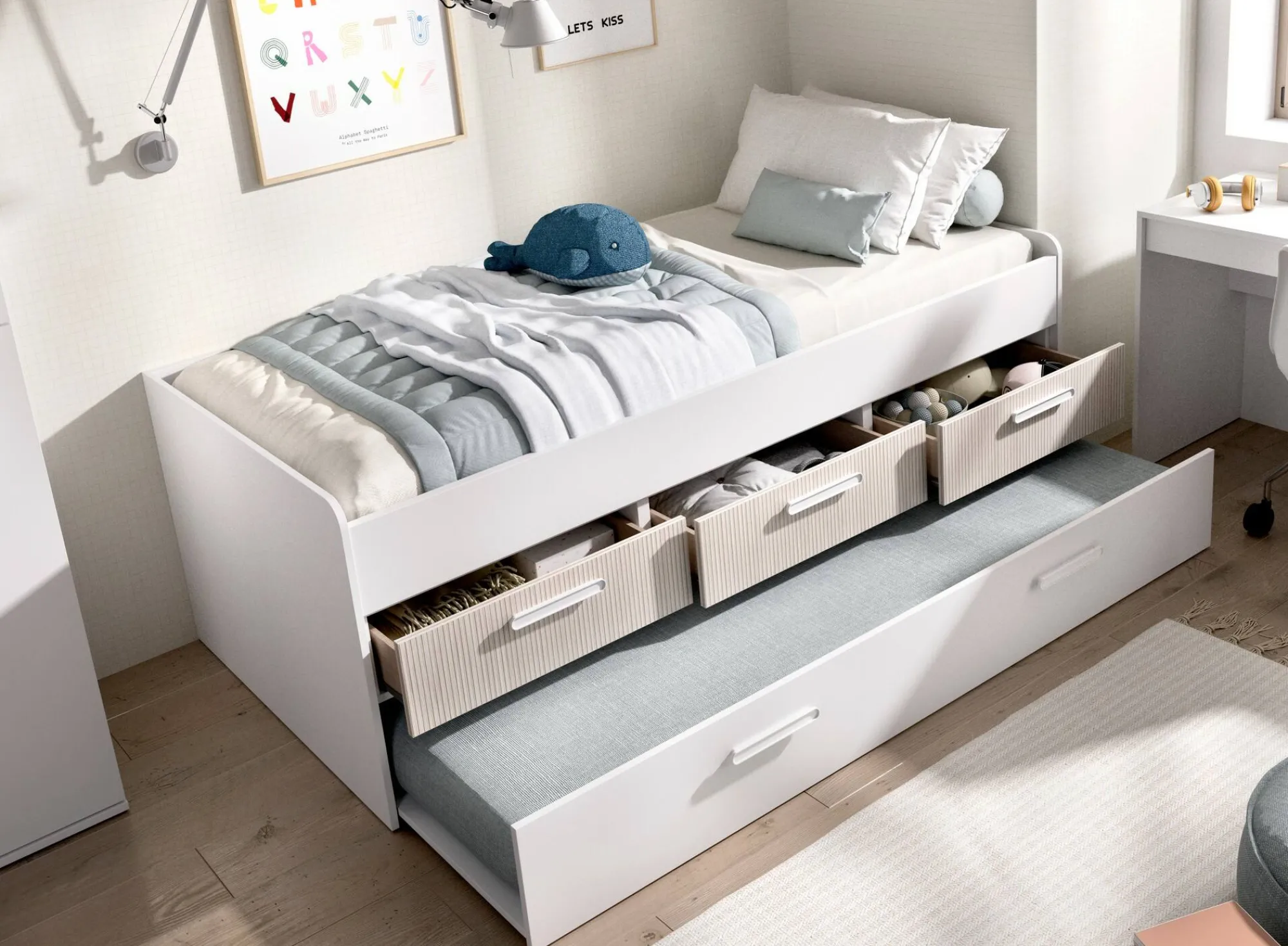 Letto singolo Aftro, 194x95 h68 cm, Bianco e Rovere<Dmora Best