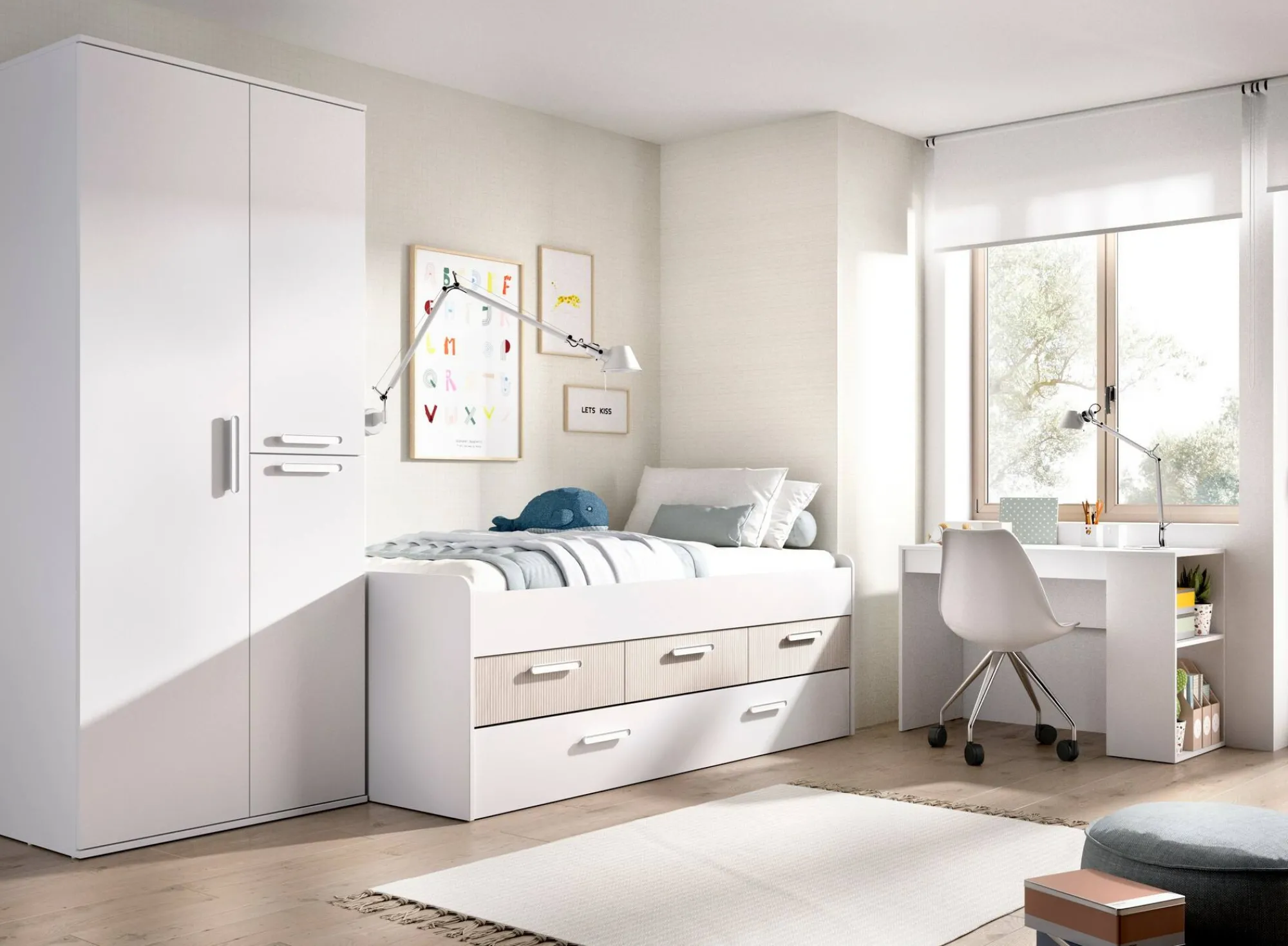 Letto singolo Aftro, 194x95 h68 cm, Bianco e Rovere<Dmora Best