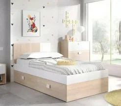 Letto singolo Villongo, 97x196 h79 cm, Bianco e Rovere<Dmora Store