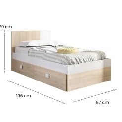 Letto singolo Villongo, 97x196 h79 cm, Bianco e Rovere<Dmora Store