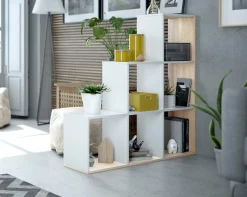 Libreria Abilu, 108x28h110 cm, Bianco e Rovere<Dmora Discount