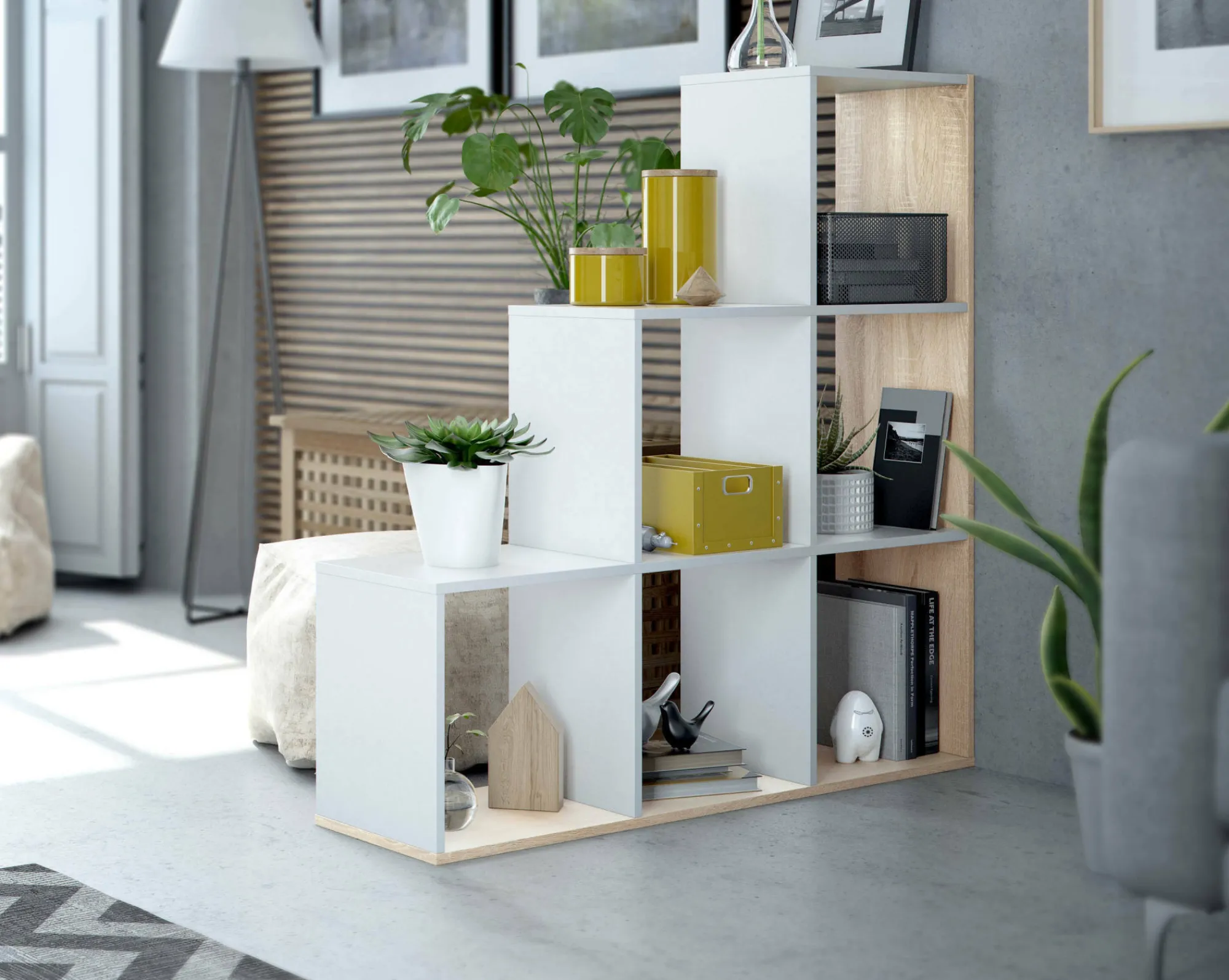 Libreria Abilu, 108x28h110 cm, Bianco e Rovere<Dmora Discount