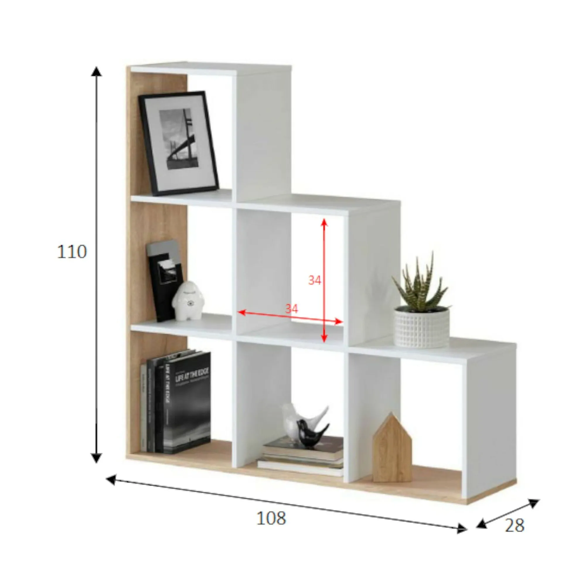 Libreria Abilu, 108x28h110 cm, Bianco e Rovere<Dmora Discount