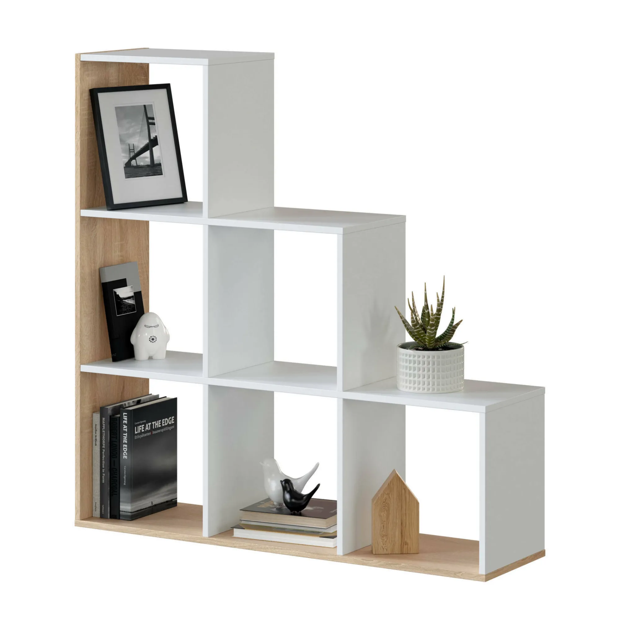Libreria Abilu, 108x28h110 cm, Bianco e Rovere<Dmora Discount