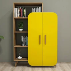 Libreria Agni, 90x32 h132 cm, Noce e Giallo<Dmora Hot